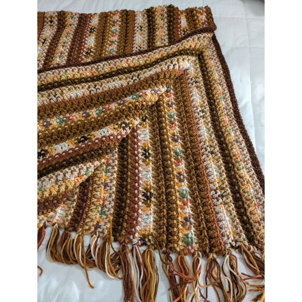 Crochet Afghan Throw Stripe Fall Colors‎ Orange/Green/Brown 66 X 34 Handmade